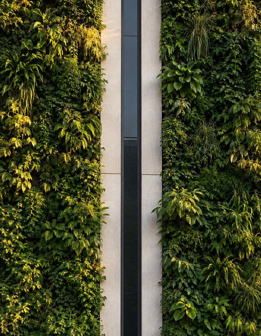Begrünte Fassade mit Betonfertigteilen und schmalem Fensterband